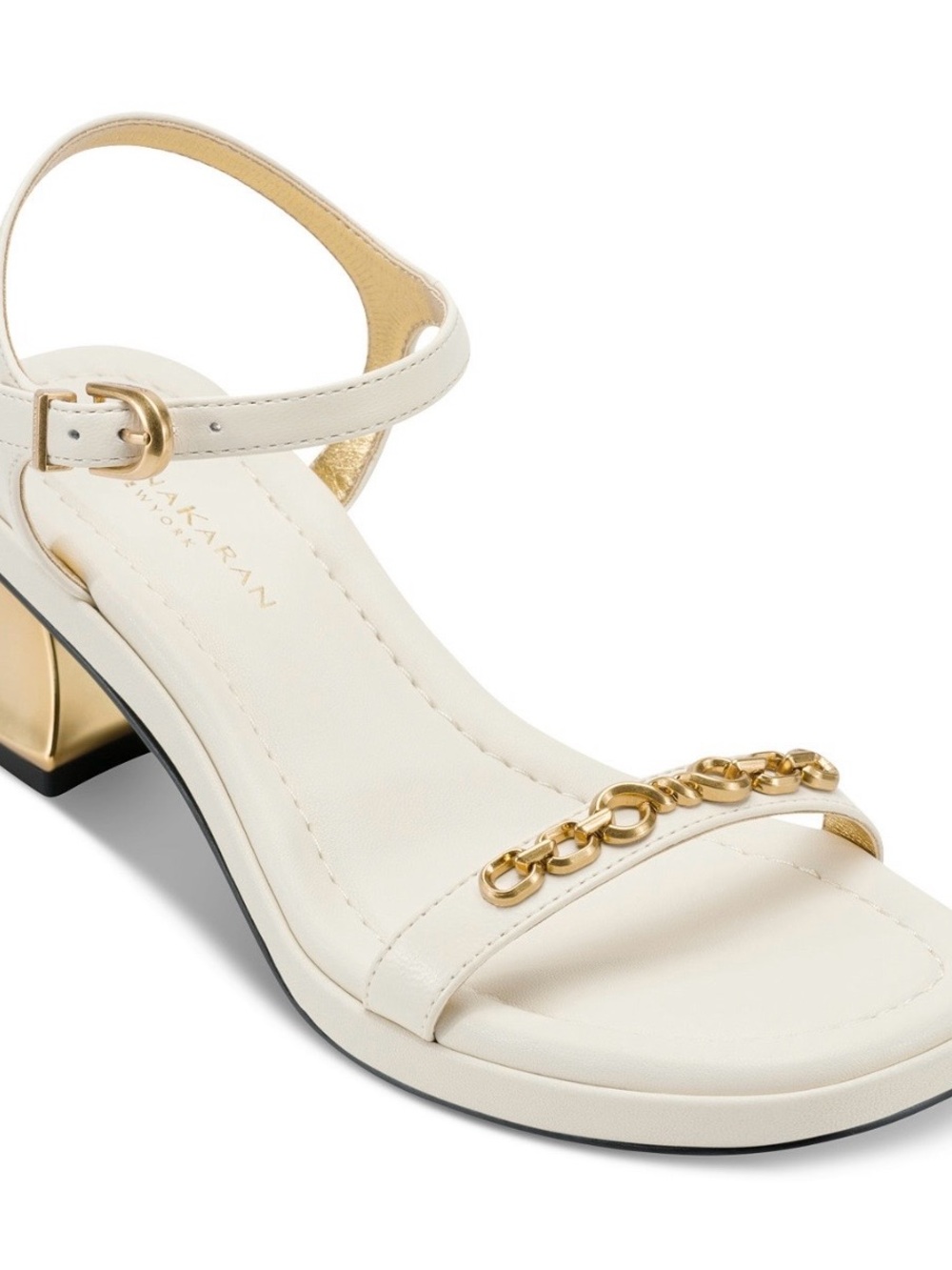 Donna Karan White Leather Sandals with Gold Chain Accent